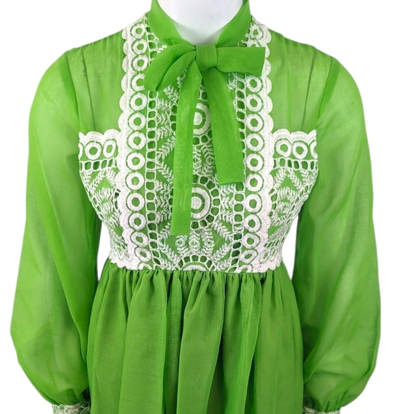 Vintage 70s Crochet Trimmed Maxi Peasant Dress Green Chiffon Overlay Womens S - Picture 3 of 14